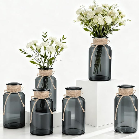 Vintage Glass Flower Vase，6 Pack Farmhouse Black Glass Centerpiece Vases Mason Jars for Halloween Weddings, Parties & Home Decor Bulk (6, Black)