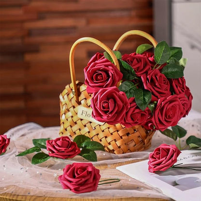 100 Pieces Artificial Foam Rose Flowers Faux Bouquet with Leaves and Stems for DIY Wedding Bouquets Centerpieces Bridal Shower Party Valentine Home Decorations(Burgundy)