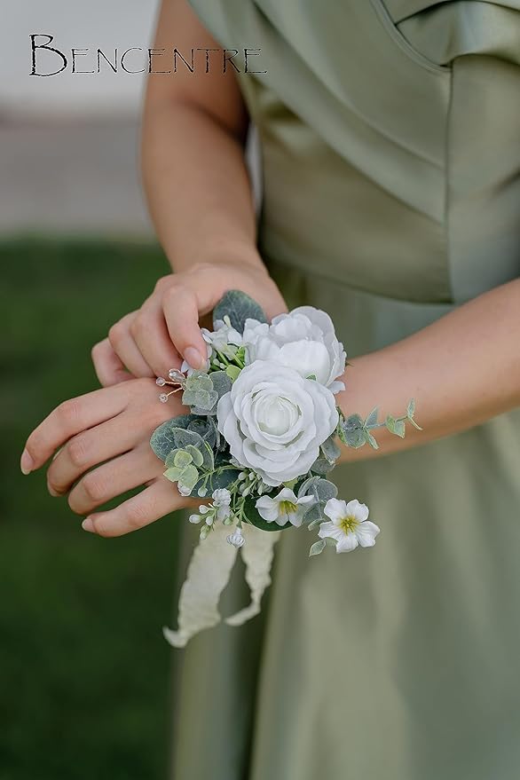 White Corsages for Wedding(Set of 6),Corsages for Prom,Party Prom Hand Flower Decor,Mother of The Bride Corsage,Bridesmaid Wrist Corsage