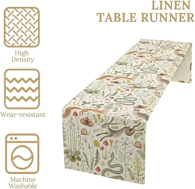 Country Forest Table Runner, Wild Animal Hare Squirrel Owl Snake Snail Flowers Mushroom Print Table Runner for Spring Holiday Farmhouse Kitchen Indoor Outdoor Decoration, 13x108inch