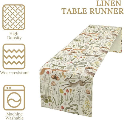 Country Forest Table Runner, Wild Animal Hare Squirrel Owl Snake Snail Flowers Mushroom Print Table Runner for Spring Holiday Farmhouse Kitchen Indoor Outdoor Decoration, 13x60inch