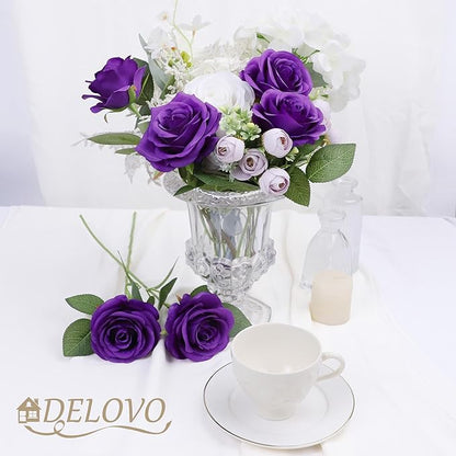 52pcs Purple Roses Artificial Flowers Fake Flowers Silk Roses with Stems for DIY Wedding Bouquets Bridal Shower Centerpieces Arrangements Party Decorations