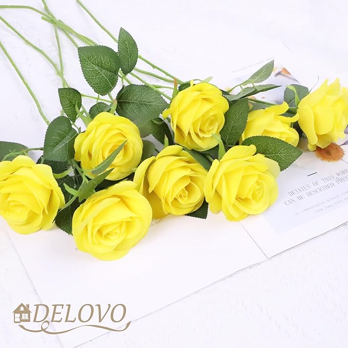 52pcs Yellow Roses Artificial Flowers Fake Flowers Silk Roses with Stems for DIY Wedding Bouquets Bridal Shower Centerpieces Arrangements Party Decorations
