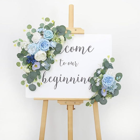 2pcs Wedding Arch Flowers,Wedding Artificial Sign Flower,Welcome Easel Door Decor Wall swags for Reception Backdrop Table Decorations Welcome Sign (Baby Blue)