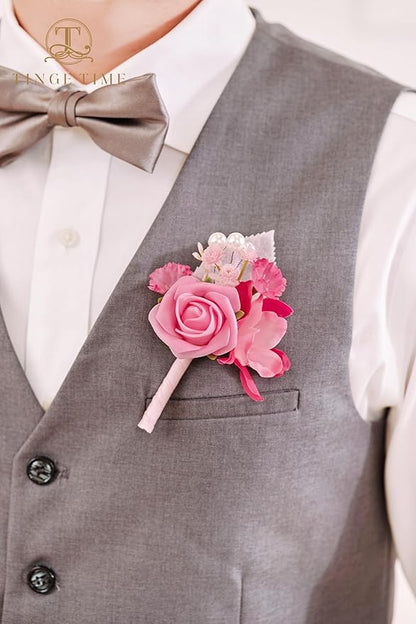 TINGE TIME Boutonniere for Men Wedding,Groom and Best Man Boutonniere for Wedding Ceremony Anniversary, Formal Dinner Party and Rustic Spring Wedding Marriage (10, HotPink)