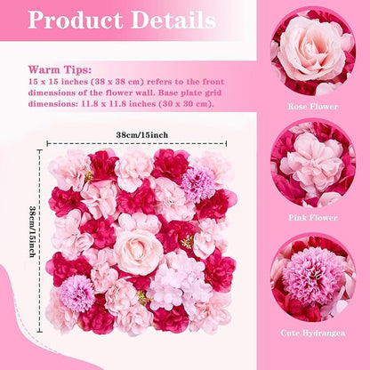 Wedding Backdrop Flower Wall Panels: 24 Packs 15x15 Inches Hot Pink Background - Bridal Shower Party Anniversary Ceremony Decor