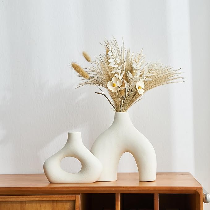 AWNR White Ceramic Vase Set of 2 for Modern Home Decor, Minimalist Round Donut Flowers Vase for Centerpieces Unique Neutral Boho Vase for Living Room Tv Stand Dining Room Dinner Table Decoration