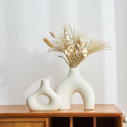 AWNR White Ceramic Vase Set of 2 for Modern Home Decor, Minimalist Round Donut Flowers Vase for Centerpieces Unique Neutral Boho Vase for Living Room Tv Stand Dining Room Dinner Table Decoration