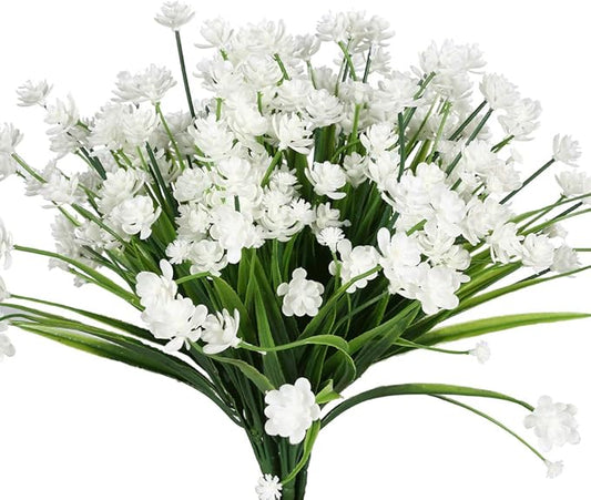 8 Bundles Artificial Flowers, Fake Artificial Greenery UV Resistant No Fade Faux Plastic Plants for Wedding Bridle Bouquet Indoor Outdoor Home Garden Kitchen Office Table Vase (White)