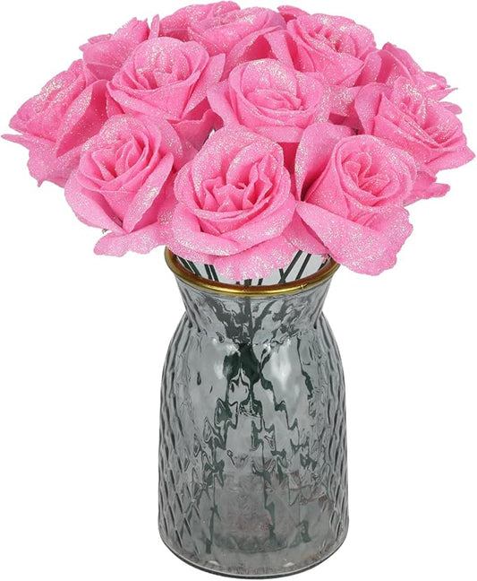 Artificial Roses,30PCS Fake Pink Glitter Roses Bouquet Bling Flowers for DIY Crafts Wedding Bouquet Party Home Decor(Pink)