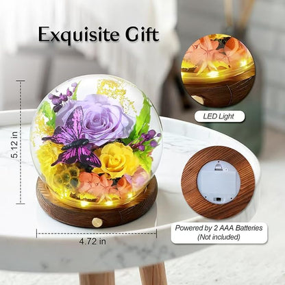 Preserved Rose, LED Forever Flowers in Glass Dome, Eternal Flowe for Women, Birthday Gifts for Mom Friend, Includes Greeting Card & Luxury Gift Box (Purple)