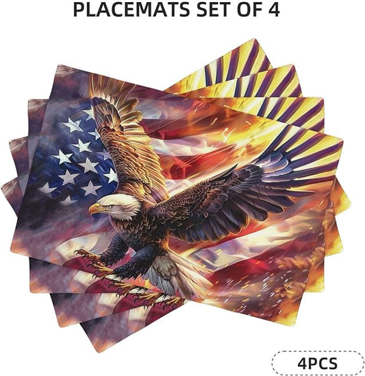 American Flag Placemats Set of 4 Washable Table Bald Eagle Heat-Resistant Cotton Linen Place Mats for Dining Table Kitchen Indoor Outdoor Party Holiday Decor