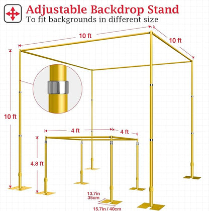EMART 10ft Square Backdrop Stand Heavy Duty, Pipe and Drape Photo Background Support Kit, Adjustable Metal Frame with Flat Base for Wedding Birthday Party Decorations-Gold