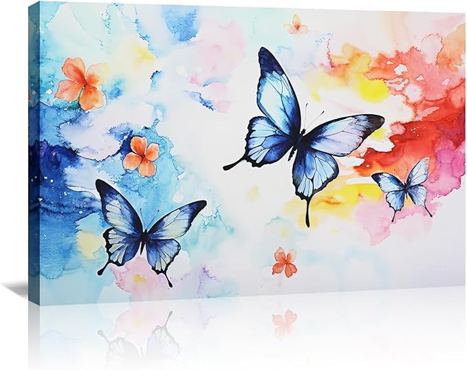 KPLUNDO Butterfly Wall Art Abstract Flower Picture Watercolour Painting Modern Artwork Home Decor Framed for Living Room Bathroom Bedroom Office Decoration Ready to Hang(Art-4,28.00x42.00 inch)
