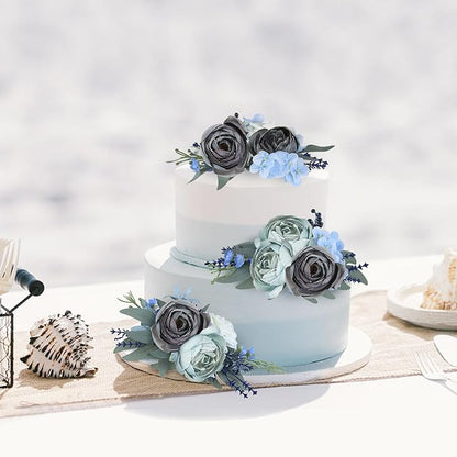 IPOPU Dusty Blue Ranunculus Artificial Flowers 2Bouquets Realistic Silk Flowers 12PCS Mini Fake Flowers for DIY Wedding Bouquet Bridal Shower Decorations Blue Flowers Centerpieces (Dusty Blue)