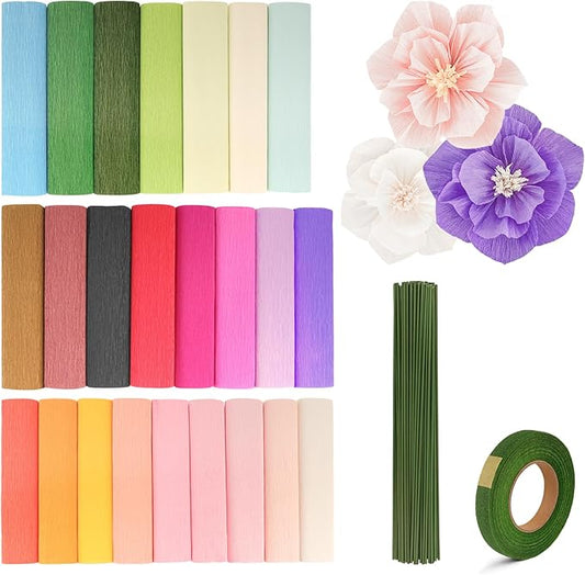 24 Colors Crepe Paper Rolls 10 x 98 Inch Crepe Paper Sheets Assorted Streamers with Floral Stem Wire and Green Floral Tapes DIY Flower Wrapping Paper for Birthday Party Wedding Festival Decoration