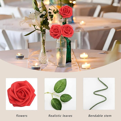 200PCS Red Artificial Flowers Roses Real Looking Foam Fake Roses with Leaves for DIY Wedding Bouquets Bridal Shower Party Decorations (Red, 200)