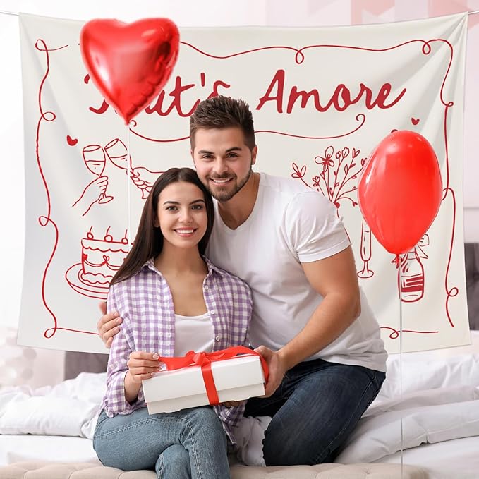 That's Amore Backdrop Italian Wedding Engagement Party Decoration Photography Background Banner Red Hand Drawn Photo Prop for Bachelorette Bridal Shower, 7 x 5 Ft