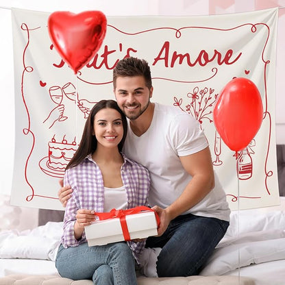 That's Amore Backdrop Italian Wedding Engagement Party Decoration Photography Background Banner Red Hand Drawn Photo Prop for Bachelorette Bridal Shower, 7 x 5 Ft