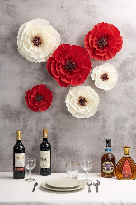 Paper Flower Decorations for Wall, Flower Wall Decor for Birthday Wedding Backdrop Baby Nursery Wall Decor Baby Showers Bridal Shower (Red+White, 6Pcs)