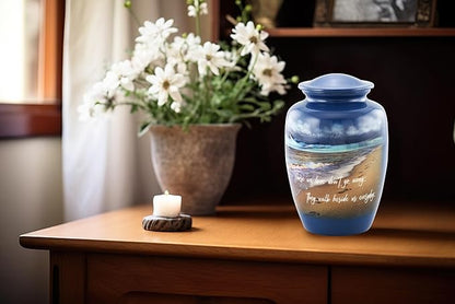 Footprints Cremation Urn - Ocean Blue Memorial Urn with Beach & Waves – Full-Size Handcrafted Metal Funeral Urns for Men & Women’s Ashes (Up to 210 lbs) – A Beautiful Tribute for Ocean Lovers