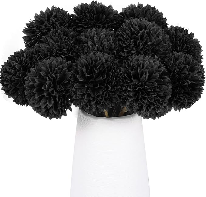 12 Pcs Black Artificial Chrysanthemums Flowers Silk Fake Mums Flowers for Halloween Ghothic Wedding Table Centerpiece Christmas Home Decor (12, Black)