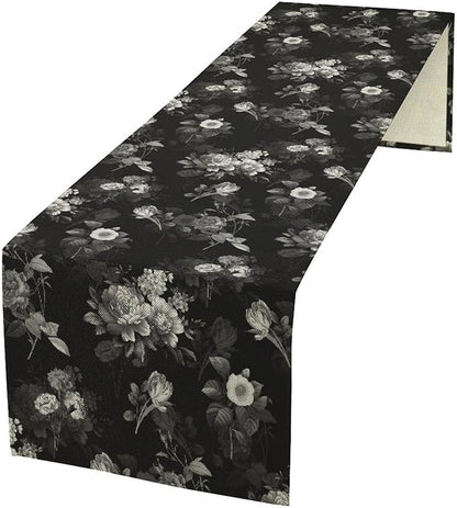 Vintage Botanical Table Runner, Abstract Watercolor Black White Gothic Flower Leaves Plants Print Table Runner for Seasonal Home Decoration Indoor Outdoor Party Decor, 13x70inch