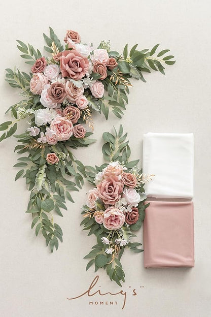 Ling's Moment Pink Artificial Wedding Arch Flowers Kit Pack of 4, 2pcs Hanging Flower Arrangement 2pcs Chiffon Drapes Ceremony Reception Spring Silk Rose Arbor Backdrop Floral Garden Outdoor Decor