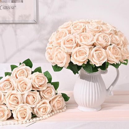 BLEUM CADE 100 Pcs Champagne Roses Artificial Flowers, Real Touch Velvet Roses Fake Flowers Bulk, Artificial Roses Bouquet with Long Stems Bridal DIY Wedding Party Centerpiece Decorations