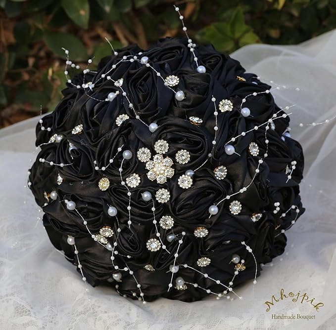 Bridal Wedding Bouquet Round Bling Brooch Bouquet Throw Toss Artificial Rose Flower Bunch for Bride Bridesmaid Wedding Quinceanera(Black, 7.5")
