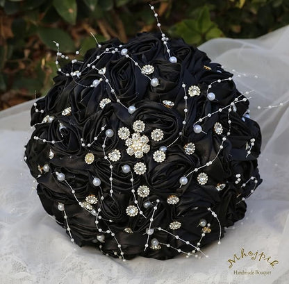 Bridal Wedding Bouquet Round Bling Brooch Bouquet Throw Toss Artificial Rose Flower Bunch for Bride Bridesmaid Wedding Quinceanera(Black, 7.5")