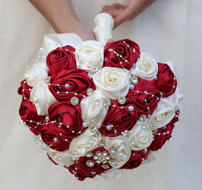 Bridal Wedding Bouquet Round Bling Brooch Bouquet Throw Toss Artificial Rose Flower Bunch for Bride Bridesmaid Wedding Quinceanera(Ruby Red & Ivory, 8.7")