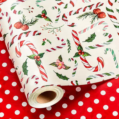 MAYPLUSS Christmas Wrapping Paper Roll - 17 Inch X 33 Feet - Cute Bow Candy Cane Christmas Holly Reversible Polka Dot Gift Wrapping Paper, Thick Wrap Paper for Holiday Party New Year Kids