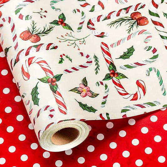 MAYPLUSS Christmas Wrapping Paper Roll - 17 Inch X 33 Feet - Cute Bow Candy Cane Christmas Holly Reversible Polka Dot Gift Wrapping Paper, Thick Wrap Paper for Holiday Party New Year Kids