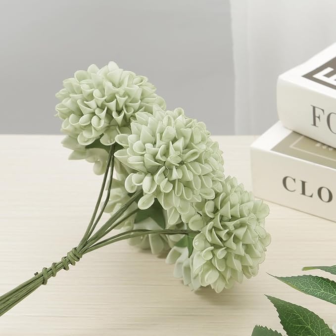 Artificial Flowers, 100pcs Artificial Rose for DIY Wedding Bouquets Centerpieces Arrangements, Sage Green Dahlia Flowers with Stem for Bridal Shower Party Home Decorations