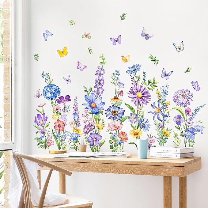 Tanlaby Wildflower Wall Decals Daisy Grass Butterflies Blue Flower Wall Stickers Floral Botanical Wall Art Decor for Baby Nursery Girl Bedroom Living Room Sofa