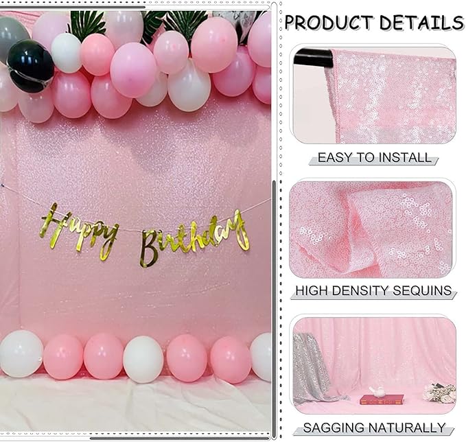 Pink Sequin Curtains 2FTx8FT 2 Panels Pink Sequin Backdrop Curtain for Parties Glitter Backdrop Photo Background for Wedding Baby Shower