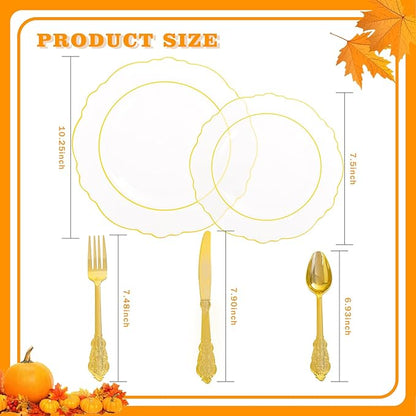 YOUBET 125PCS Thanksgiving Plastic Plates - Clear Gold Disposable Plates - 25 Guests Baroque Plastic Dinnerware Includes 25Dinner Plates, 25Dessert Plate, 75Silverware for Party & Wedding