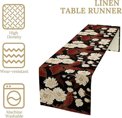 Vintage Flowers Table Runner,Boho Red Gold Floral Plant Print Art Table Runner for Home Kitchen Table Dining Indoor Outdoor Party Decor 13x120 Inch