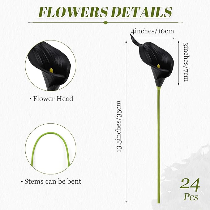 24 Pcs Black Artificial Calla Lily Flowers Fake Black Silk Flowers Real Touch for Wedding Bouquet Office Home Kitchen Decor
