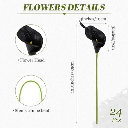 24 Pcs Black Artificial Calla Lily Flowers Fake Black Silk Flowers Real Touch for Wedding Bouquet Office Home Kitchen Decor