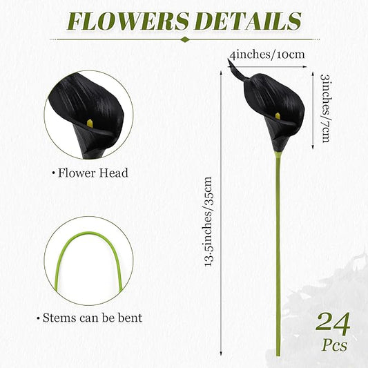 24 Pcs Black Artificial Calla Lily Flowers Fake Black Silk Flowers Real Touch for Wedding Bouquet Office Home Kitchen Decor