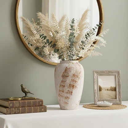Vintage Ceramic Vase, Minimalist Texture Stone Patterned White Flower Vase, Decorative Vase for Living Room Shelf Farmhouse Dining Table Centerpiece Decor (Rustic 11.8'')