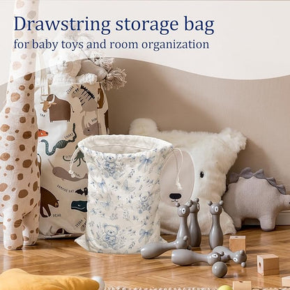 DSHFG Light Blue Chinoiserie Birthday Drawstring Gift Wrap Bags, Chinoiserie Bear Baby Shower Drawstring Gift Bags Canvas, Blue and White Small Happy Birthday Bag, 10x13 Inch
