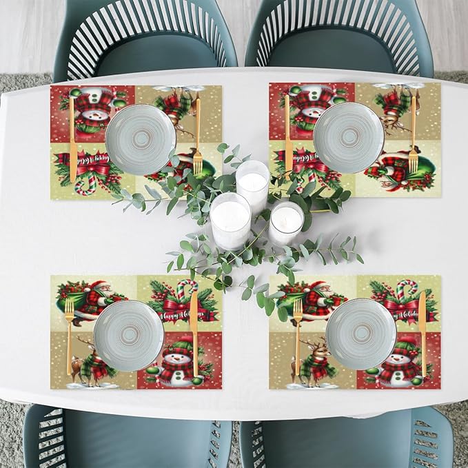 Christmas Waffle Santa Claus Cute Placemats Set of 4 PVC Vinyl Non Slip Table Mats Heat Resistant Place Mats Washable Wipeable Dining Table Mat for Kitchen Decor Party Indoor Outdoor Decorative Gift