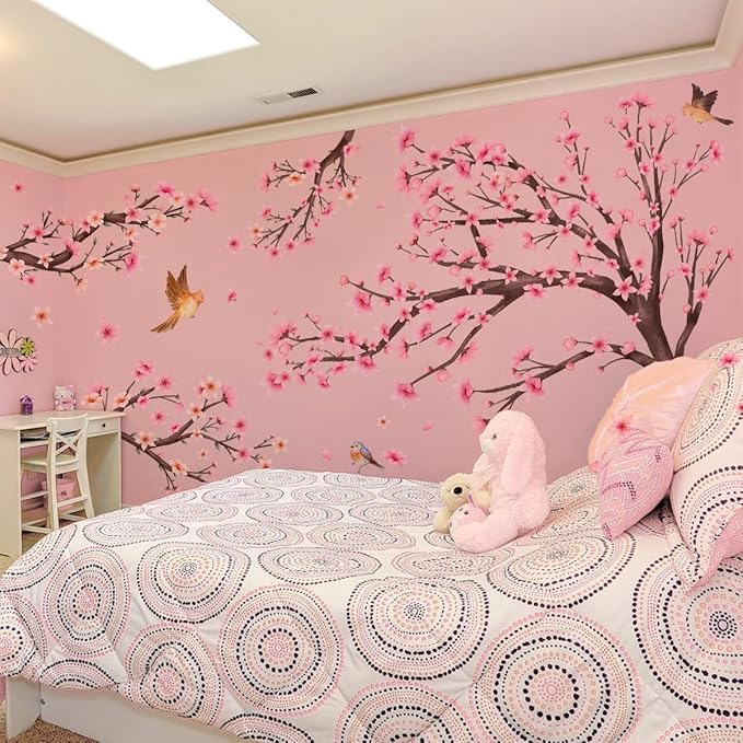 Pink Cherry Blossom Floral Birds Wall Decals Large Cherry Blossom Tree Branch Wall Stickers for Sofa TV Background Wall Decor Bedroom Living Room 67.32x42.91inch