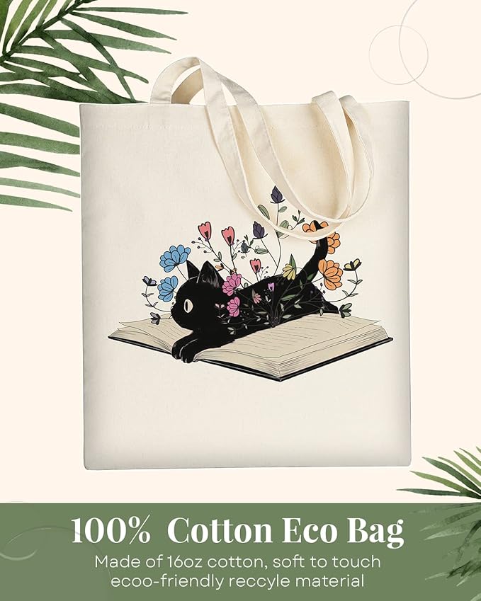 AUSVKAI Cute Cat Book Canvas Tote Bag for Women Reusable Cotton Grocery Bag Beach Totes Gift