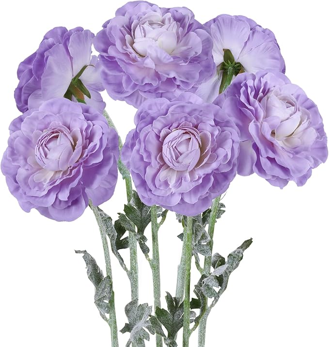 6Pcs Ranunculus Artificial Flowers 19.7’’ Purple Faux Peonies Silk Ranunculus Flowers for Bouquet Vase Table Centerpiece Home Wedding Party Garden Decoration(Purple)