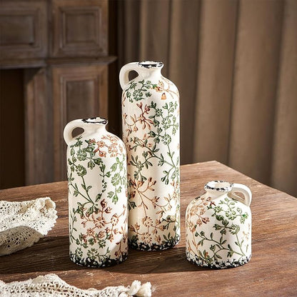 Ceramic Vase Set of 3, Vintage Green and Beige Vase, Chinoiserie Floral Vases, Rustic Farmhouse Ceramic Vases for Home Decor, Living Room, Kitchen Island, Bookshelf, Grand Millennial Decor