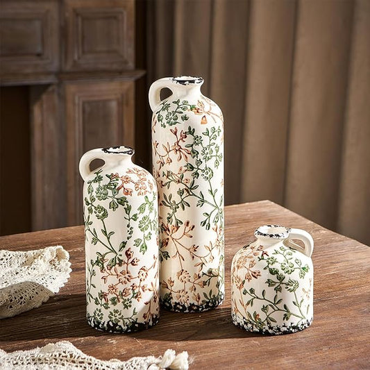 Ceramic Vase Set of 3, Vintage Green and Beige Vase, Chinoiserie Floral Vases, Rustic Farmhouse Ceramic Vases for Home Decor, Living Room, Kitchen Island, Bookshelf, Grand Millennial Decor